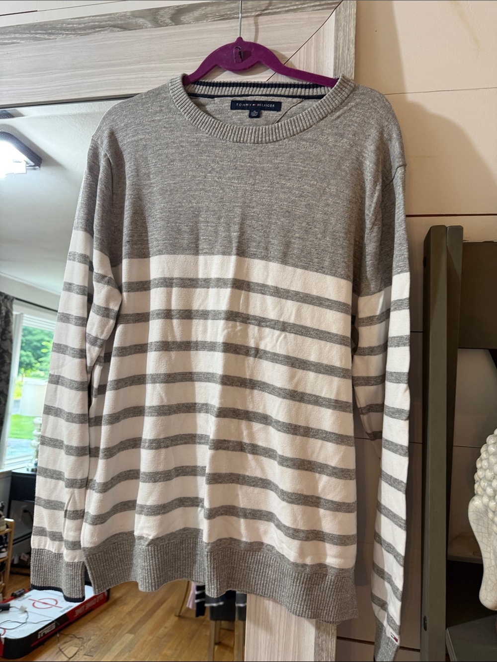 Tommy Hilfiger Men’s Gray & White Striped Crewneck Sweater